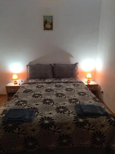 a bedroom with a bed with two lamps on two tables at La Han in Făgăraş