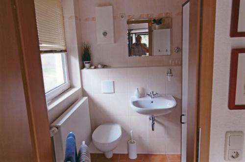 een kleine badkamer met een wastafel en een toilet bij Ferienwohnung bei Familie Keil in Colditz