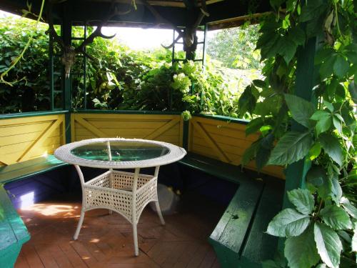 a patio with a table and a chair and plants at Home for Guests Lakštingala in Šiauliai