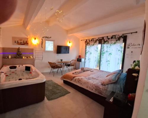 a bedroom with a large bed and a bath tub at escapade coeur provence in La Celle