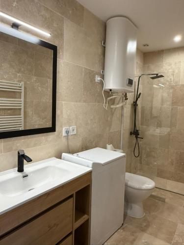 a bathroom with a sink and a toilet and a mirror at Le prestige - Charmant T2 neuf avec Terrasse in Évreux