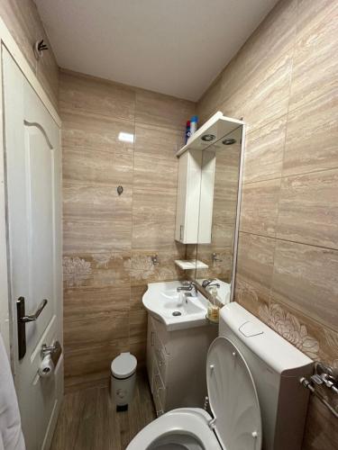 een kleine badkamer met toilet en wastafel bij Urban Apartmens 5 in Jošanička Banja