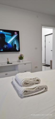 Una habitación blanca con una cama y un televisor en la pared. en Brancoveanu Apartament's, en Bucarest