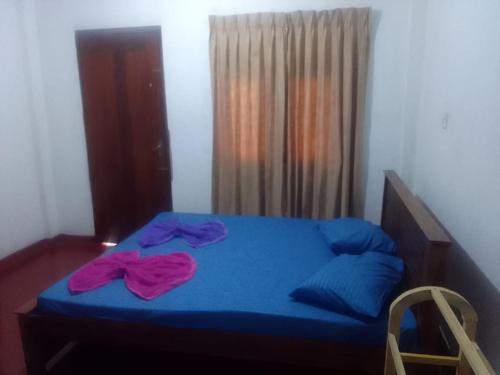 een slaapkamer met een blauw bed met twee paarse kussens erop bij Madura Resorts in Piliyandala