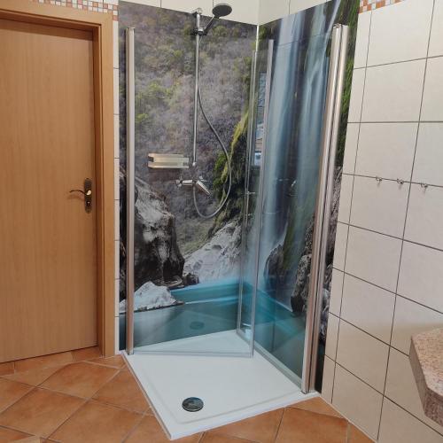 a shower with a glass door in a bathroom at Ferienwohnung am Plauer See in Alt Schwerin
