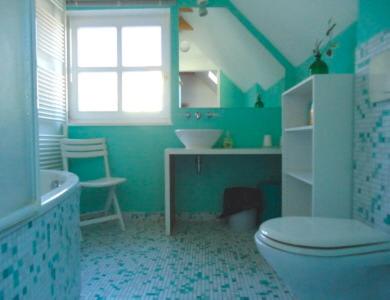 a blue bathroom with a toilet and a sink at Ferienhaushälfte Fleesensee in Göhren-Lebbin