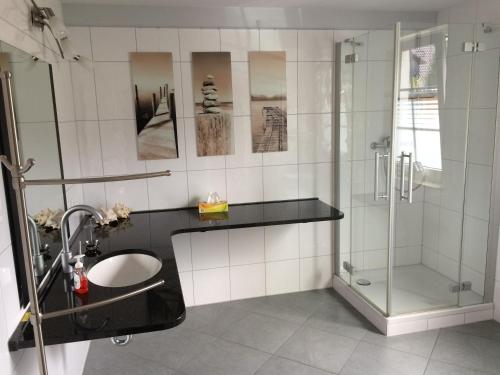 een badkamer met een wastafel en een douche bij Ferienhaus am Fleesensee in Silz