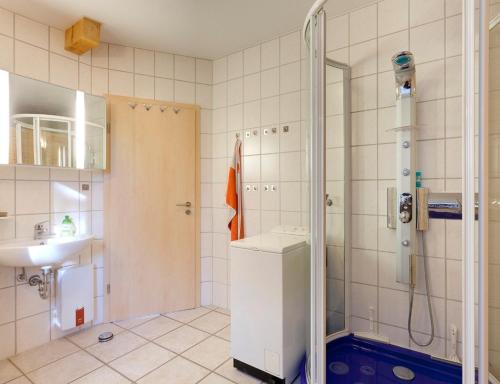 een badkamer met een douche, een wastafel en een koelkast bij Ferienhaus Krakower See in Serrahn