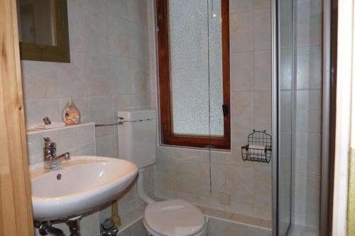 un bagno con lavandino, WC e doccia di Ferienhaus beim Stechlinsee a Neuglobsow