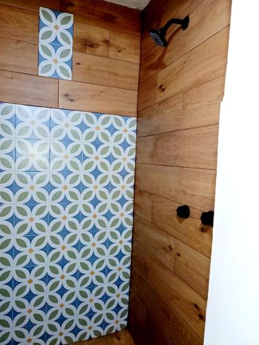 a shower with a blue and white patterned wall at Casa petirrojo - habitaciones en Pátzcuaro in Pátzcuaro