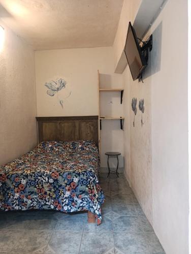 a bedroom with a bed and a tv on the wall at Casa petirrojo - habitaciones en Pátzcuaro in Pátzcuaro