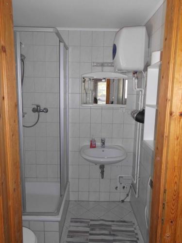 a bathroom with a shower and a sink at Ferienbungalow Fleesensee in Malchow