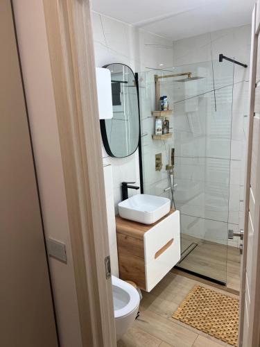 a bathroom with a toilet and a sink and a shower at Modern Apartment in Tecuci