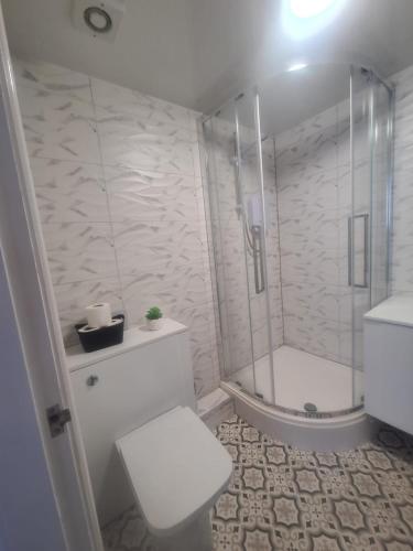 a white bathroom with a shower and a toilet at Modern Studios in Sunderland