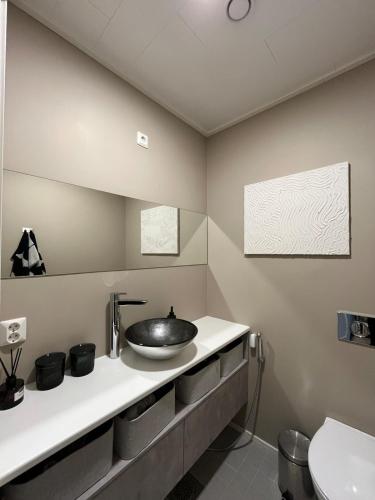 a bathroom with a sink and a counter with a mirror at Villa Aurora Noir in Rovaniemi