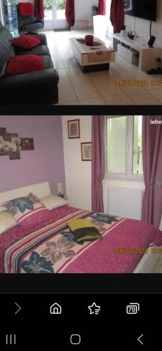 twee foto's van een slaapkamer met een bed en een woonkamer bij Chambre chez habitant in Saujon