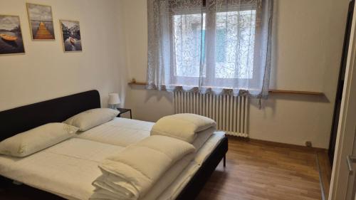 a bedroom with a bed with a window and a radiator at Silvia's Home in Calalzo