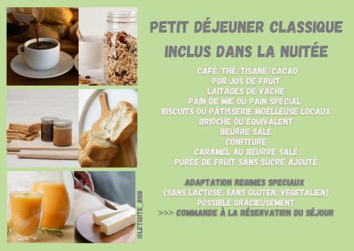 Een flyer voor een koffiezaak met diverse ontbijtproducten. bij Le Tigîte B&B , Suite-chambre d'hôtes indépendante avec entrée privée, petit-déjeuner autonome fourni, linge inclus, 2 espaces nuit possibles in Allaire