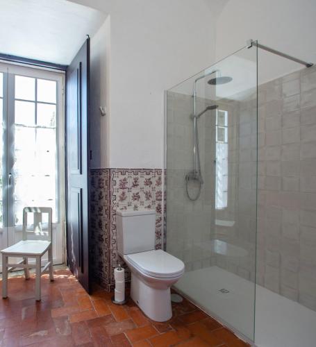 a bathroom with a toilet and a glass shower at Palácio Ficalho in Serpa