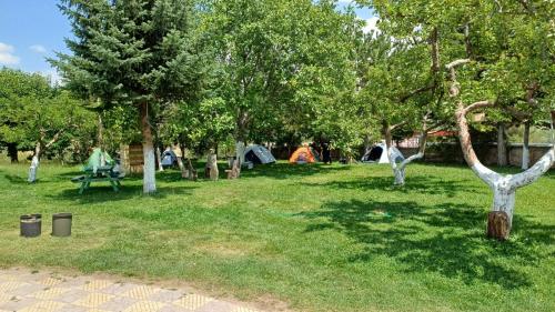 un parco con alberi e tende sullo sfondo di Şafak pansiyon 