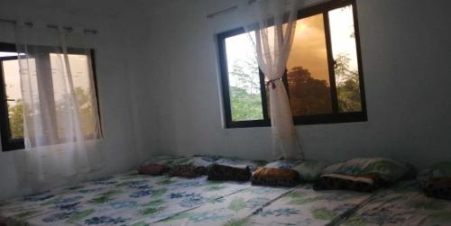 ein Bett in einem Schlafzimmer mit zwei Fenstern in der Unterkunft Uncle Bob & Tere Beach House in Luna