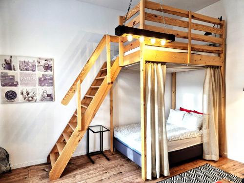 a bunk bed in a tiny room with a bunk bed ladder at Apartamenty Stary Rzeszów in Rzeszów