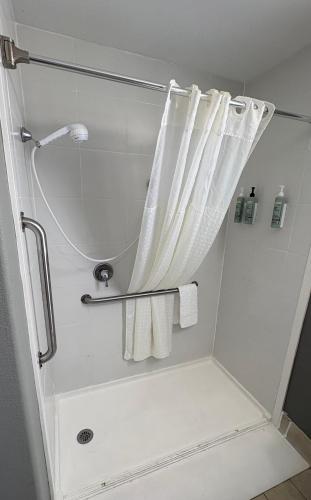 a bathroom with a shower with a shower curtain at Best Western Pawleys Island in Pawleys Island