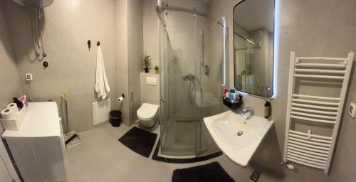 Un baño con ducha, lavabo e inodoro. en Nearport Apartment, en Sarajevo