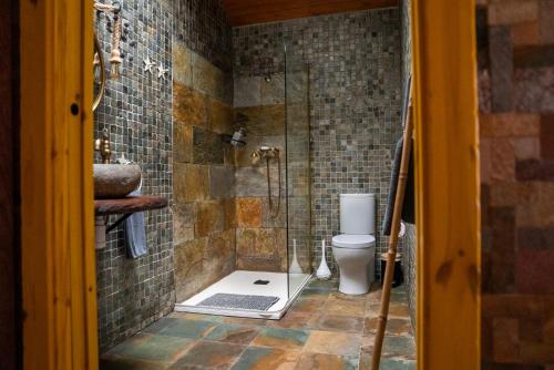 a bathroom with a shower with a toilet and a sink at Mi Tesoro in Viveiro