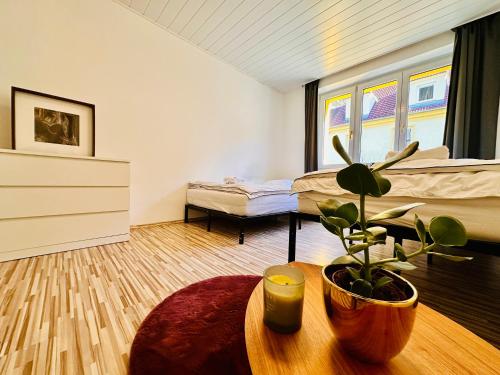 ein Zimmer mit zwei Betten und einem Tisch mit einer Topfpflanze in der Unterkunft Red Room in Schottwien