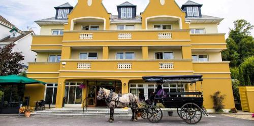 a horse drawn carriage in front of a yellow building at Earls Court House in Killarney
