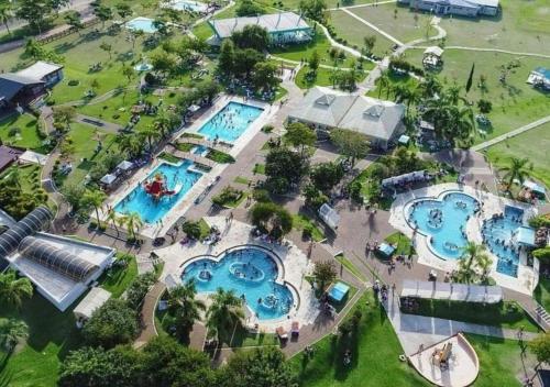 an overhead view of a resort with two pools at Bungalow El Pini in Chajarí