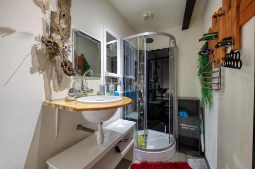une salle de bains avec lavabo, douche et toilettes dans l'établissement Studio NEW YORK, à Alignan-du-Vent