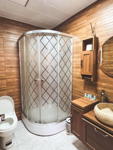 a bathroom with a shower with a toilet and a sink at MAER'S Hotel in Qusar