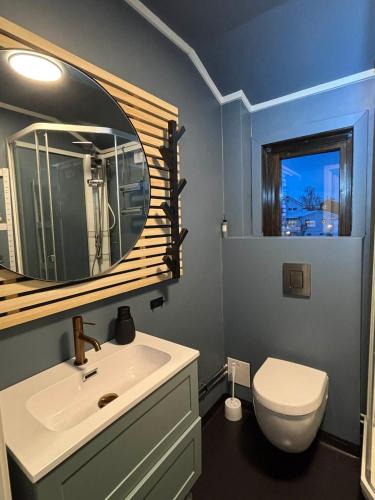 a bathroom with a sink and a toilet and a mirror at Hogne's house in Tromsø