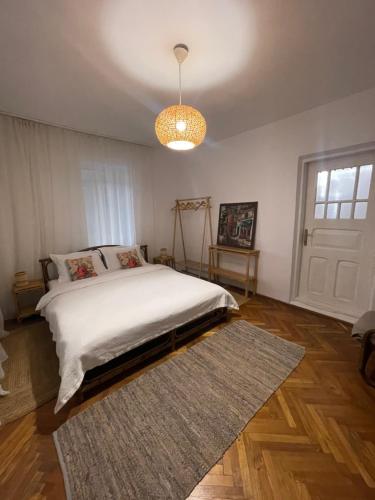 OveseluCasa de Vacanta Nora的一间带床和吊灯的卧室