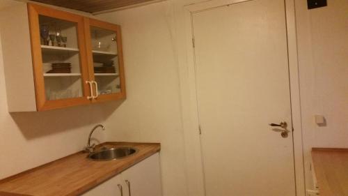 a kitchen with a sink and a white door at Rundvejen Guest House in Aalborg