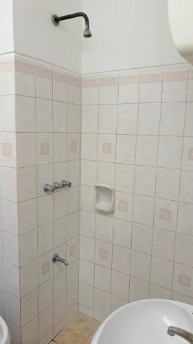 ein Badezimmer mit Dusche, Toilette und Waschbecken in der Unterkunft Hotel Lotito in Trinidad
