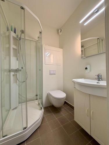 a bathroom with a shower and a toilet and a sink at Åndalsnes Sentrum 1-room Apartment in Åndalsnes