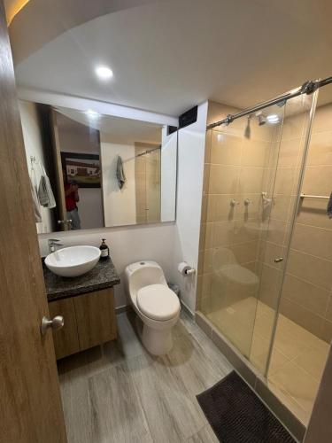 a bathroom with a toilet and a sink and a shower at APARTAMENTO Premium in Ibagué