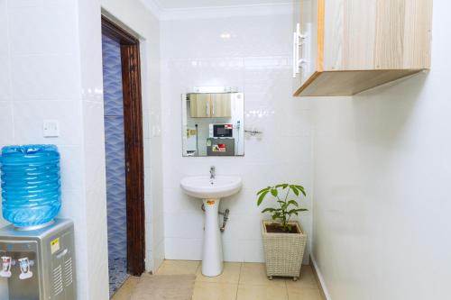 La salle de bains est pourvue d'un lavabo et d'un four micro-ondes. dans l'établissement Kasarani Studio Apartment, à Nairobi