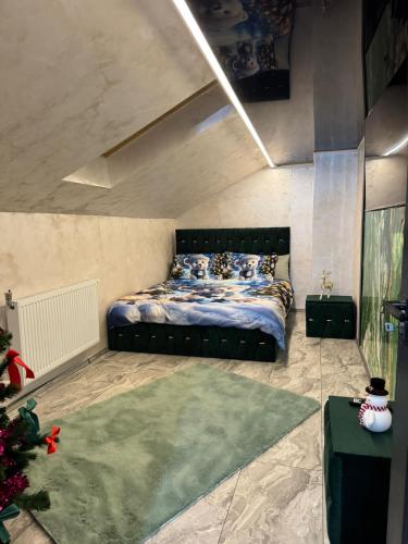 ein Schlafzimmer mit einem Bett in der Zimmerecke in der Unterkunft Casa Daiana in Aninoasa