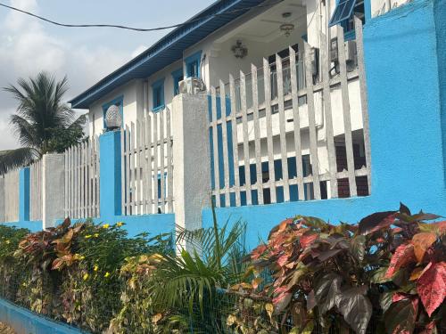 een blauw-wit gebouw met planten ervoor bij CosyHomesOta in Otta