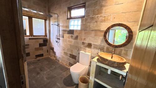een badkamer met een wastafel, een toilet en een spiegel bij D'Sawah Tetebatu Villas in Tetebatu