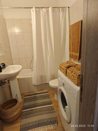 a bathroom with a toilet and a sink and a washing machine at Brand New Townhouse with hotel infrastructure in Paphos