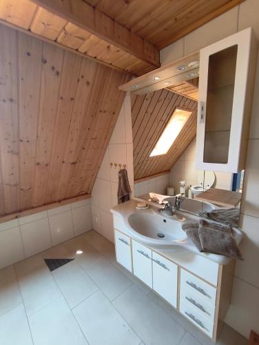 a bathroom with a sink and a mirror at Tieringer Landglück in Meßstetten