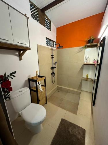 a bathroom with a toilet and a shower at M&M moanatea lodge in Rangiroa