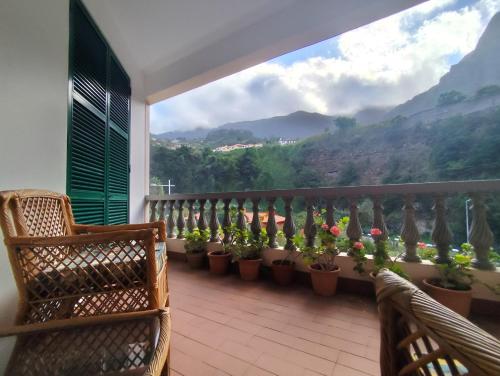 a balcony with potted plants and a view of a mountain at Narciso's House in São Vicente