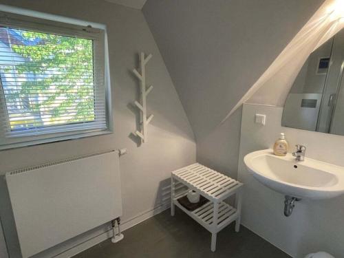 ein weißes Badezimmer mit Waschbecken und Fenster in der Unterkunft Holiday home in Buschvitz with barbecue in Buschvitz