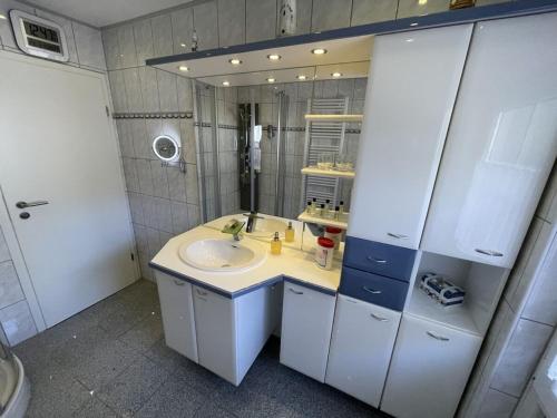 ein Badezimmer mit Waschbecken und Spiegel in der Unterkunft Dahlke with fireplace and sauna in Kleinweidelbach